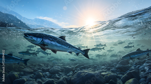 schools of salmon that are migrating to the sea to grow and develop photo