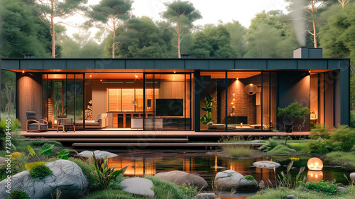Architecture of a modern house made of natural materials in the woods near the lake.