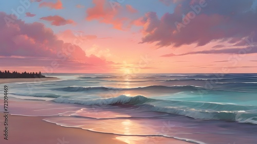 Illustration of a beach at sunset with gentle waves