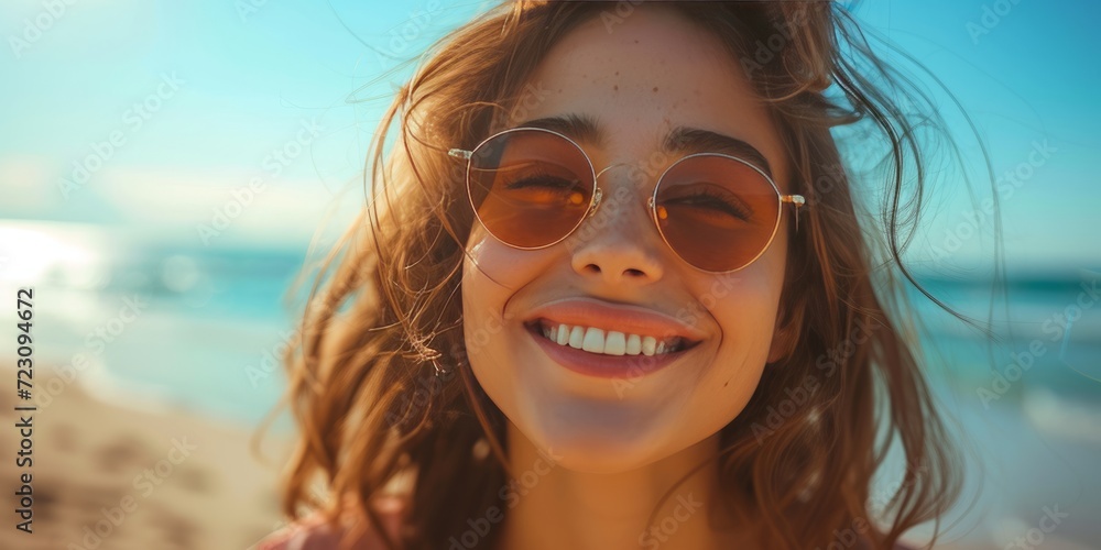 Happy beautiful young woman smiling at the beach side - Delightful girl enjoying sunny day out - Healthy lifestyle concept Happy beautiful young woman smiling at the beach side - Delightful girl enjoying sunny day out - Healthy lifestyle concept