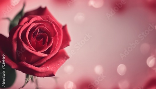 Vibrant red rose with dew drops is highlighted against a soft pink background with bokeh lights. 