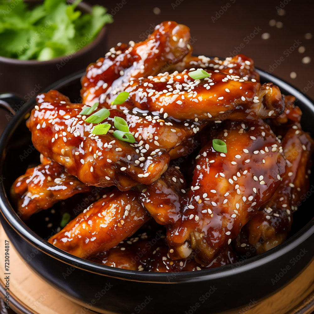 Honey glazed chicken wings with sesame seeds in a bowl Honey glazed chicken wings with sesame seeds in a bowl