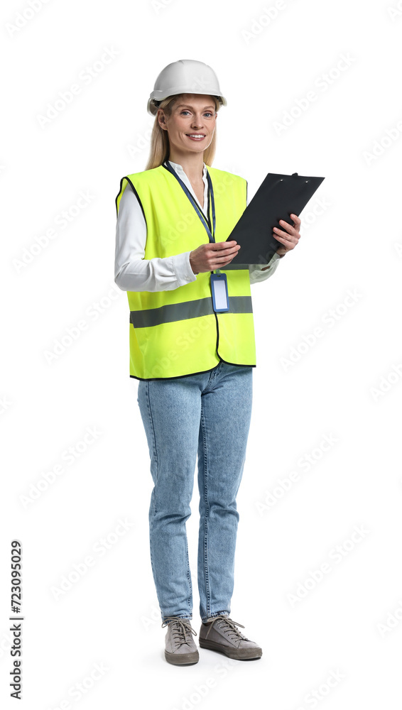 Engineer in hard hat holding clipboard on white background Engineer in hard hat holding clipboard on white background