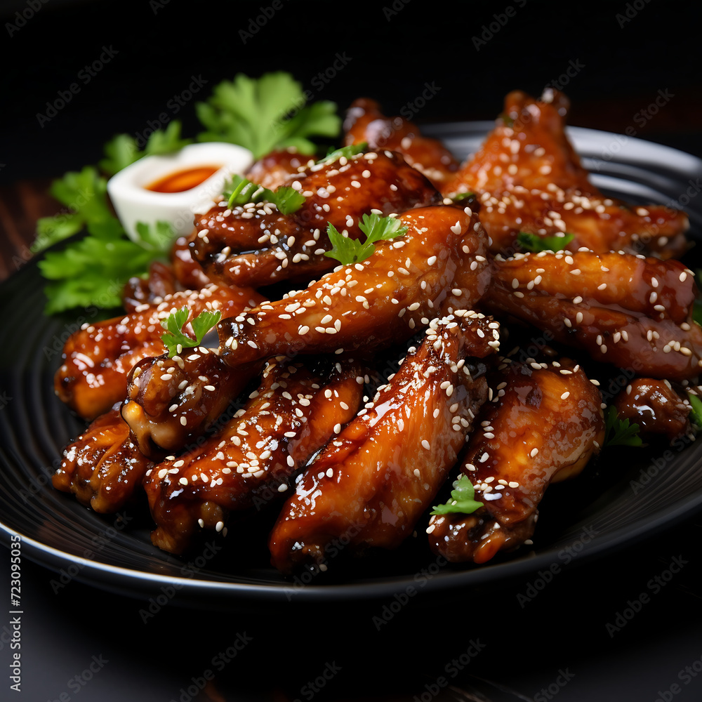 Honey glazed chicken wings with sesame seeds in a bowl Honey glazed chicken wings with sesame seeds in a bowl