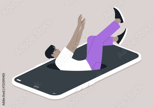 A young Gen Z character falling into a hole that has opened on a mobile screen, the challenge of controlling screen time and the negative effects of excessive technology use