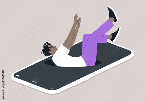 A young Gen Z character falling into a hole that has opened on a mobile screen, the challenge of controlling screen time and the negative effects of excessive technology use