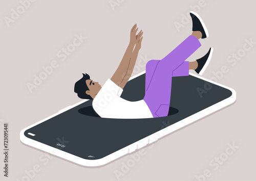 A young Gen Z character falling into a hole that has opened on a mobile screen, the challenge of controlling screen time and the negative effects of excessive technology use