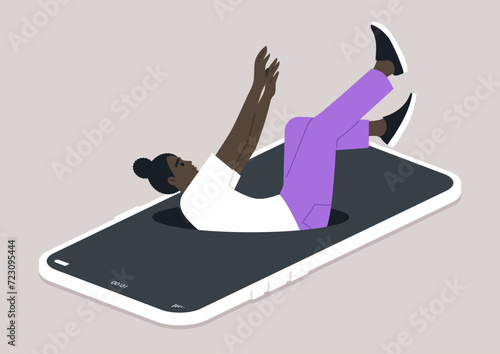 A young Gen Z character falling into a hole that has opened on a mobile screen, the challenge of controlling screen time and the negative effects of excessive technology use
