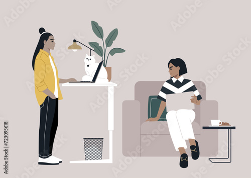 Diverse and personalized work setups at home and in the office, one young freelancer works with their desk intentionally adjusted to a standing position, while another comfortably sits in an armchair