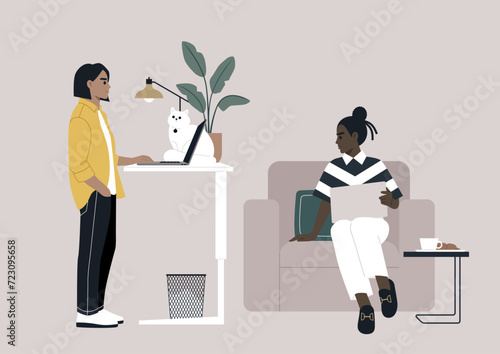 Diverse and personalized work setups at home and in the office, one young freelancer works with their desk intentionally adjusted to a standing position, while another comfortably sits in an armchair