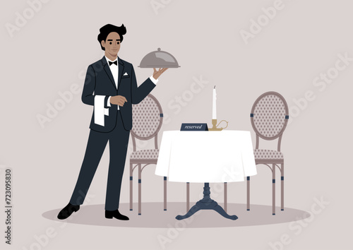 A refined waiter, donned in a sleek black tuxedo with a napkin draped over their hand, gracefully serves a dish covered with a metal cloche