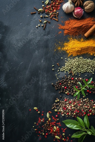 Several spices and leaves located at the edges, on dark chalkboard background, top view. For Restaurant menu background, Decoration restaurant Thai, Indian, Asian Food. © Worrapol