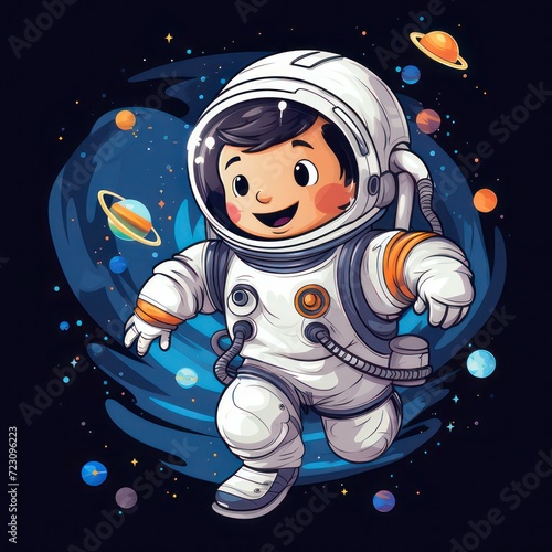 Illustration of an astronaut in space, children's costume astronaut suit and helmet, the theme of knowledge and education. White background illustration. 