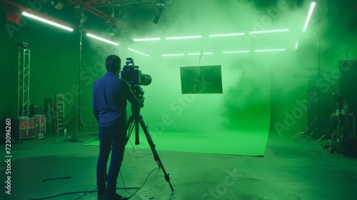 Camera and green screen studio in panorama view and man working or shooting or recording or filming.