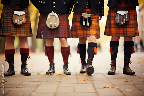 legs of Scottish men in traditional costumes