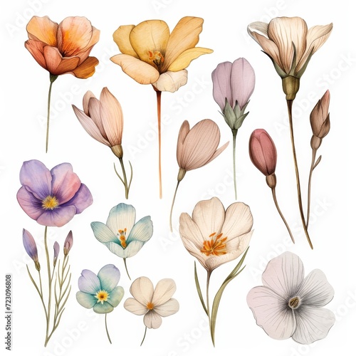 Spring flowers, clipart floral set, watercolour texture, on white background, neutral colour scheme. For Decoration, Flowers Store, Living room, Relax Space, Flower Lover. Component for design.