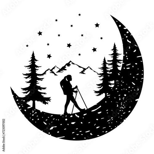 Walking on the Moon, Girl Hiking, Fantasy Hiker, Hand Drawn Vector Illustration