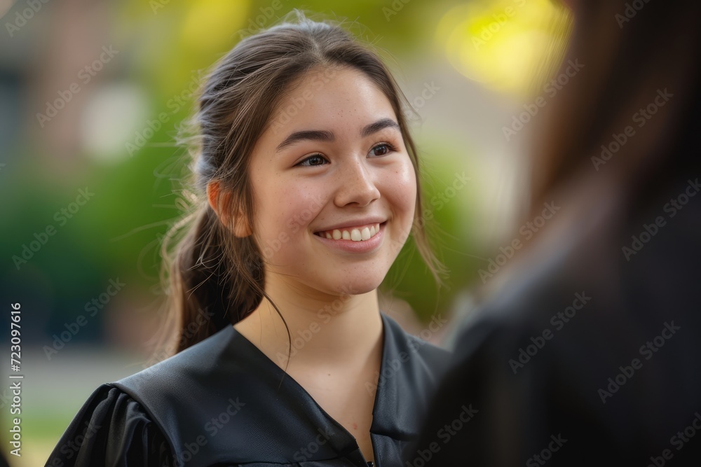 A jubilant female graduate stands in the foreground, her smile radiant and full of pride. She is dressed in traditional academic regalia with a black gown and mortarboard, AI generated A jubilant female graduate stands in the foreground, her smile radiant and full of pride. She is dressed in traditional academic regalia with a black gown and mortarboard, AI generated