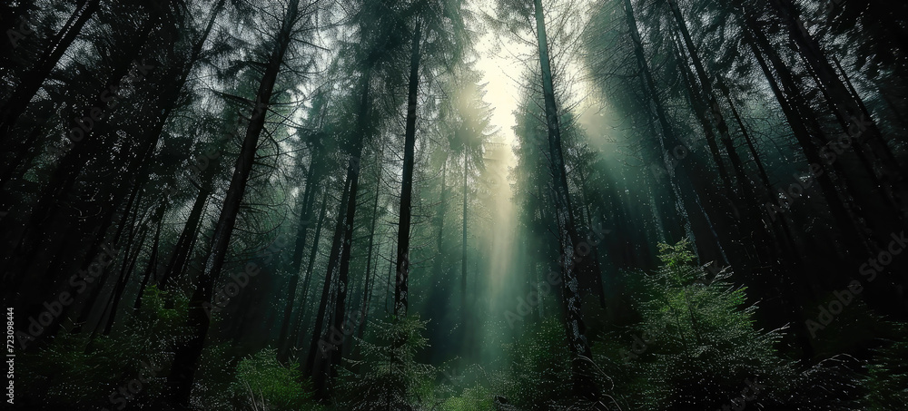 Fototapeta premium Dramatic, epic, dark light shining through the bright darkness of the dark Black Forest of light and darkness. Generative AI.