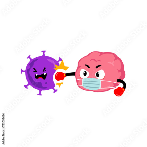 Brain mascot character attacking corona virus. Human brains fights covid-19. Brains kills 2019-ncov