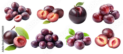 Plum Plums Prune Prunes Prunus fruit, many angles and view side top front heap pile bunch isolated on transparent background cutout, PNG file. Mockup template for artwork graphic design