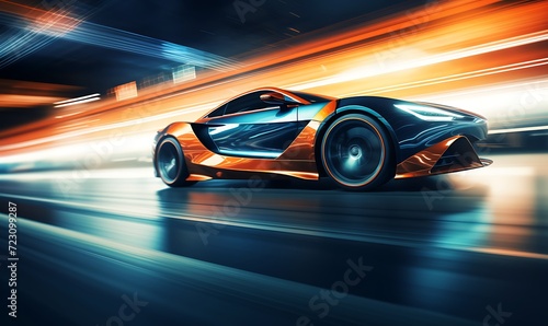 side view of a fast driving sport car, blurred motion background. Generative Ai © Handz