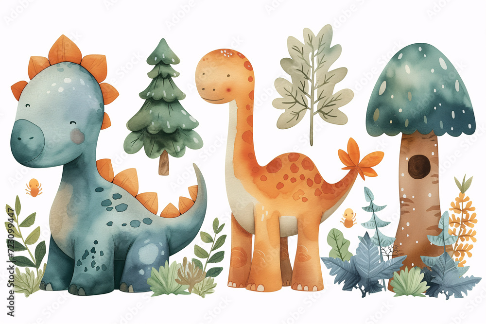 Fototapeta premium A delightful watercolor illustration featuring cartoon dinosaurs among whimsical trees, perfect for nursery wall art or children's educational books.