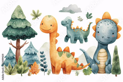 Playful and whimsical watercolor illustrations dinosaurs nestled among a serene forest landscape, ideal for children's room decor, storybook illustrations, and playful educational materials.