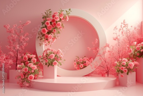Ein Blumenstand und pinke Rosen auf einem pinken Hintergrund in einem 3D-Render, im Stil von kreisförmigen Formen, lebhaften Bühnenhintergründen