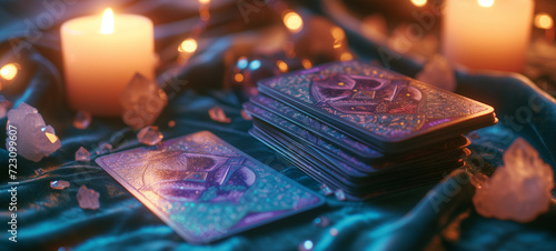 The tarot cards, adorned with crystalline patterns, shimmer in the soft glow of candlelight