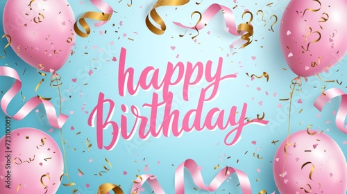 Calligraphy lettering - Happy Birthday with pink balloons and ribbons decoration. Template for birthday greeting card.