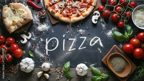 Calligraphy lettering - Pizza with pizza ingredients on black background. Template for restaurant, delivery, cafe