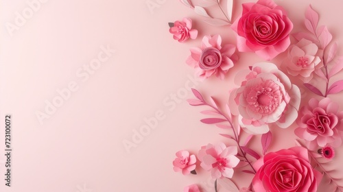Abstract paper cut flowers. Spring concept. Frame template for decoration, invitation, greeting card with copyspace for your text. Pink colored.