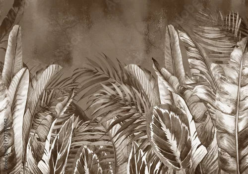 Obraz Tropical leaves on grunge background. Design for wallaper. Mural, modern, loft style.