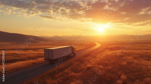 Cargo truck driving through landscape at sunset © Sasint
