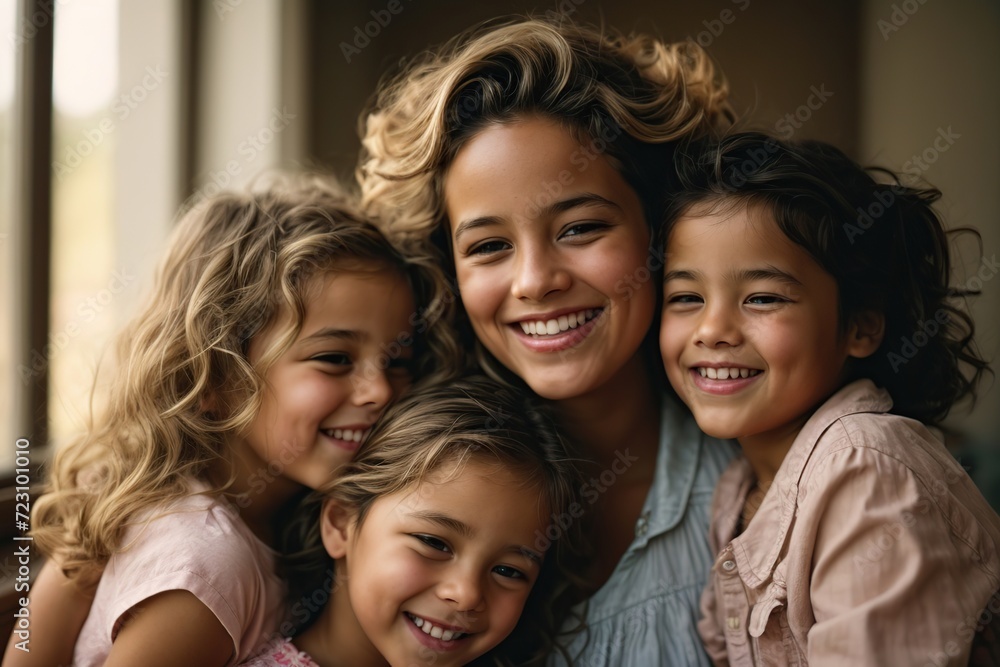 woman is hugging three children and laughing woman is hugging three children and laughing
