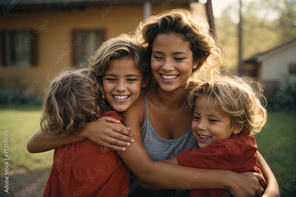 woman is hugging three children and laughing woman is hugging three children and laughing