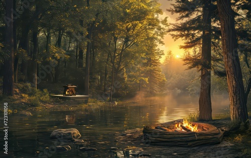 The serenity of a peaceful forest where a camping station fireplace light bokeh, offering warmth and comfort in the midst of nature's tranquility.