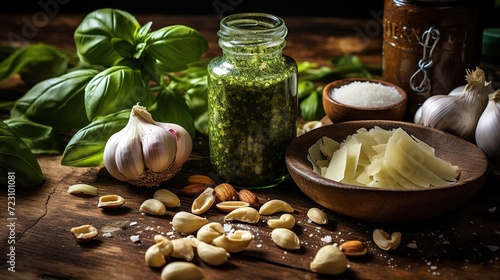 pesto sauce and ingredients for cooking on a rustic table