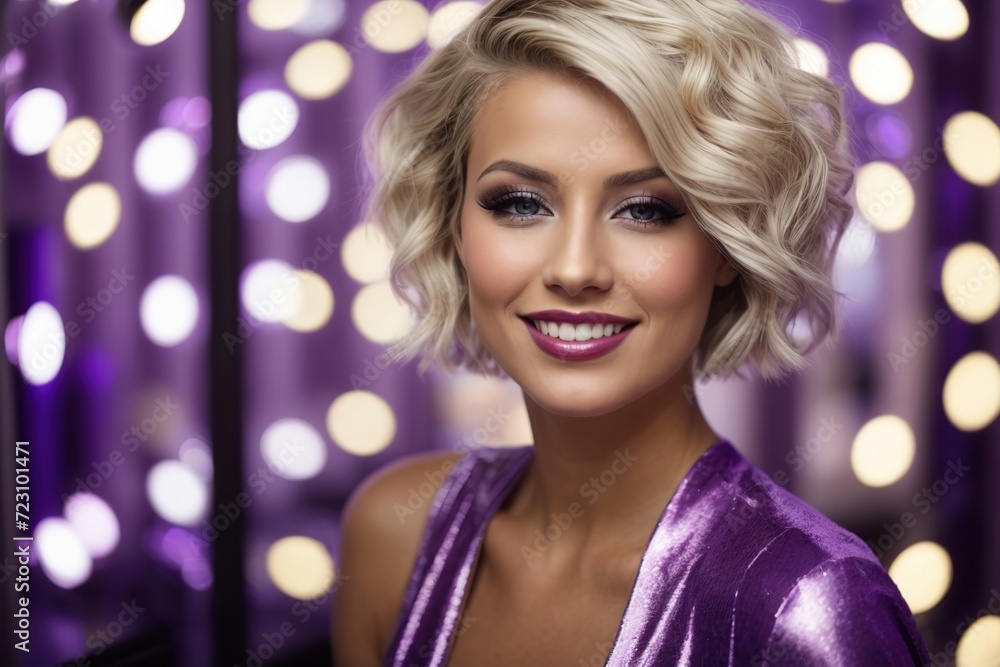 festive makeup cheerful blond woman with short hair in purple room festive makeup cheerful blond woman with short hair in purple room