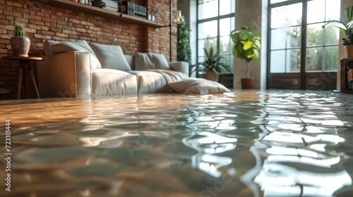 Home floor submerged in water, highlighting water damage and potential issues photo