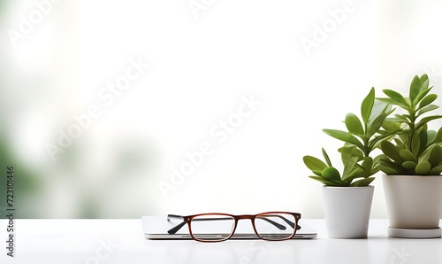 Work space office business and finance concept on white table desk background with laptop computer and coffee cup, green plant and glasses, Top view with copy space, flat lay. Generative Ai photo