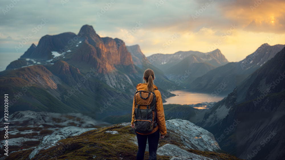 Fototapeta premium femme de os en tenue de randonnée dominant la vallée qu'elle vient d'escalader, soleil couchant
