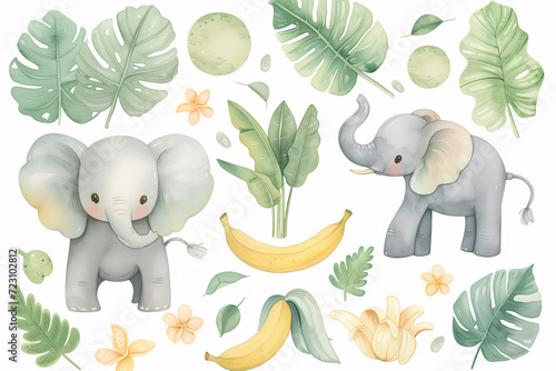 Whimsical watercolor illustration featuring adorable baby elephants surrounded by banana fruit and lush tropical leaves, perfect for nursery decor.