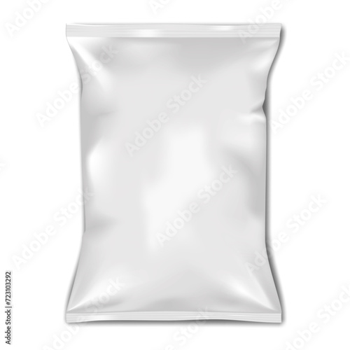 White blank pillow bag realistic vector mock-up. Crumpled pouch package mockup. Potato chips, candies or other food snack pack. Template for design photo