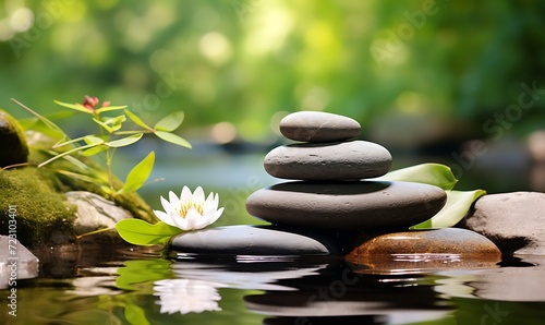 Zen stones and water in a peaceful green garden  relaxation time  wellness and harmony  massage and bodycare  spa and wellness concept. Generative Ai