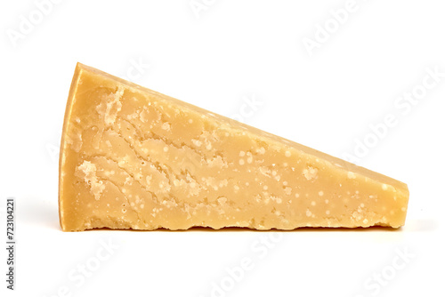 Parmesan cheese triangle, hard cheese, isolated on white background.