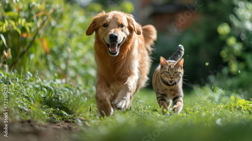 couple of friends a cat and a dog.cat and dog walk through a sunny spring meadow
