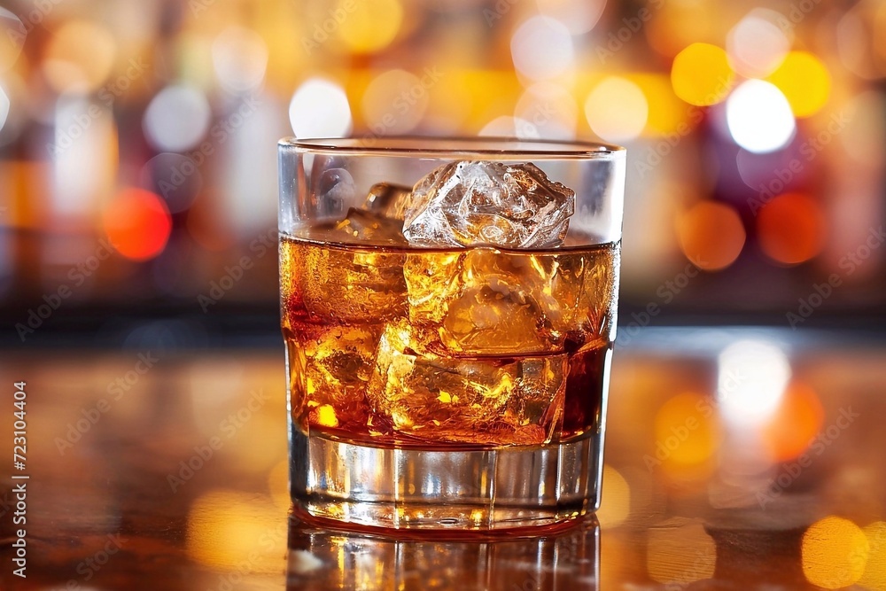 Glass of whiskey with ice cubes on the background of the bar. Glass of whiskey with ice cubes on the background of the bar.