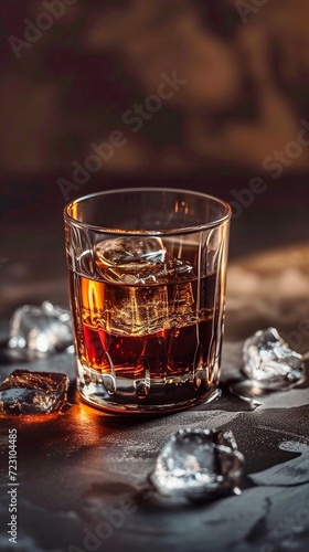Glass of whiskey with ice cubes on a dark background, selective focus